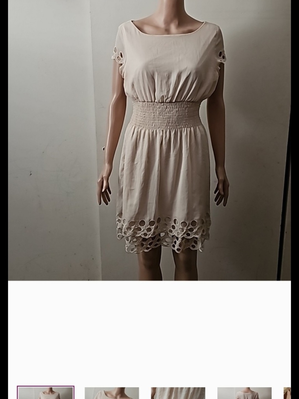 Smocked Waist Cream Mini Dress with Eyelet Hem